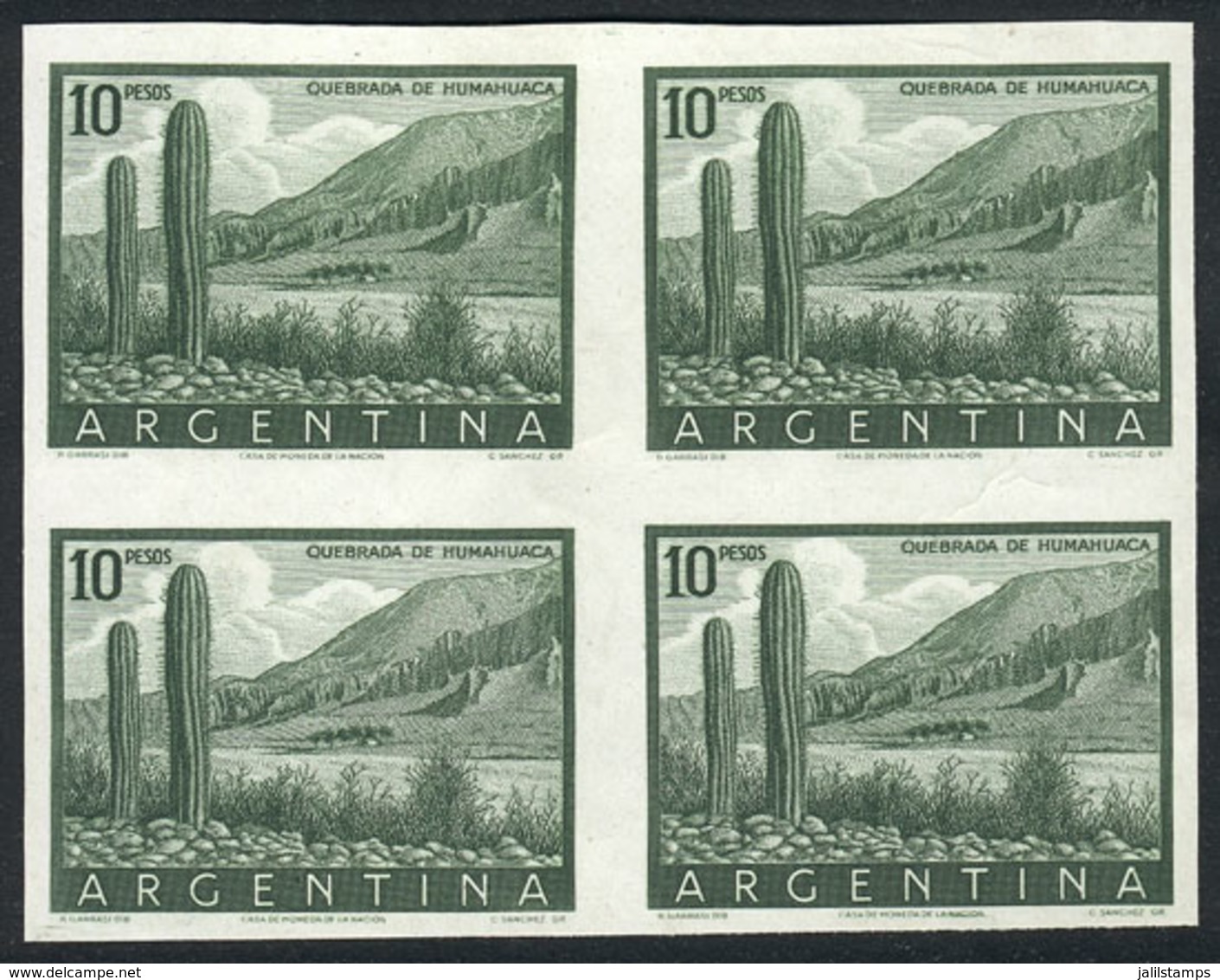 ARGENTINA: GJ.1054, 10P. Cactus, Humahuaca, Very Rare TRIAL COLOR PROOF In Dark Green, Block Of 4 Of Excellent Quality! - Ungebraucht