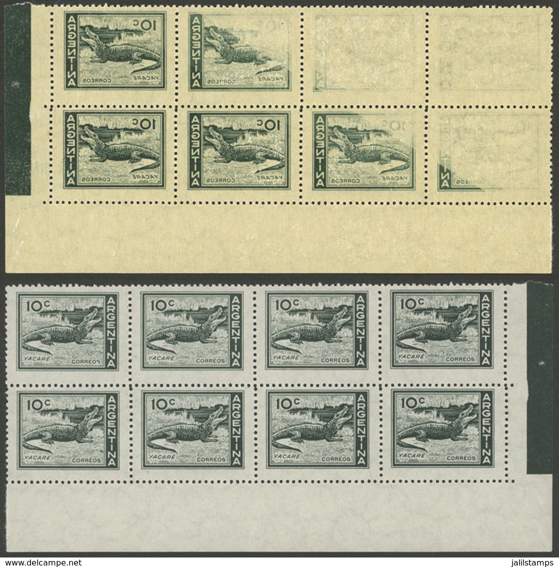 ARGENTINA: GJ.1123CA, 10c. Yacare Caiman, Block Of 8 With OFFSET IMPRESSION ON BACK, Excellent! - Neufs