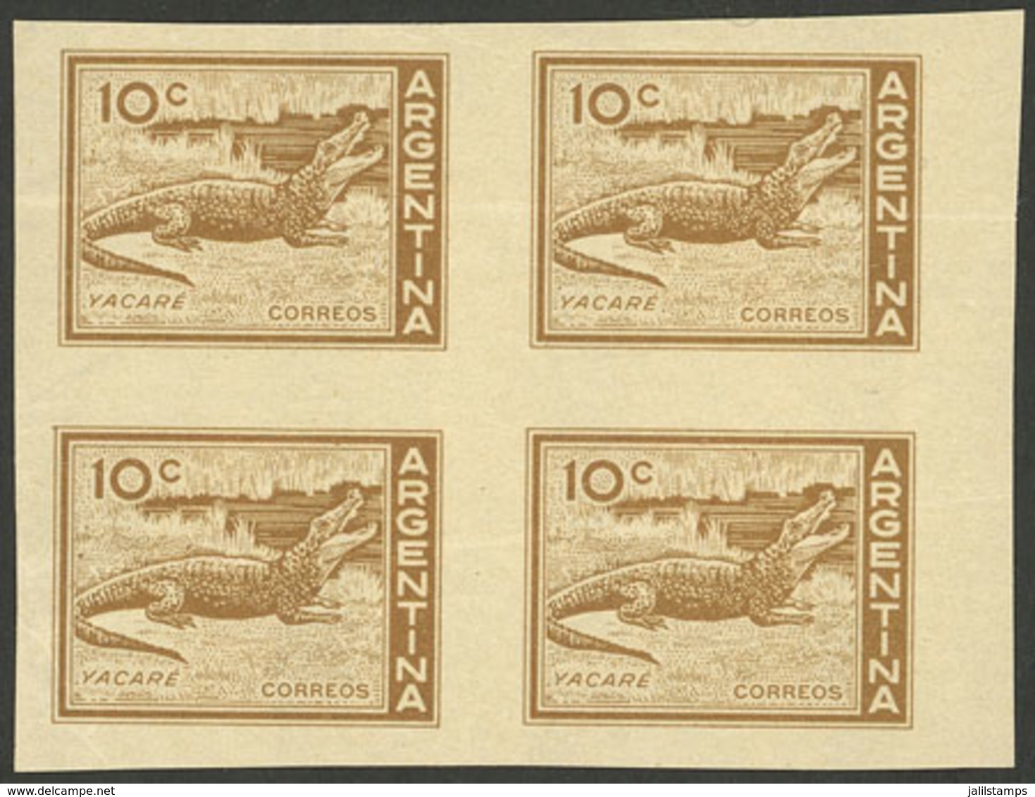 ARGENTINA: GJ.1123, 10c. Yacare Caiman, Imperforate Block Of 4 In Yellowish Chestnut, PROOF Printed On Special Paper For - Ungebraucht