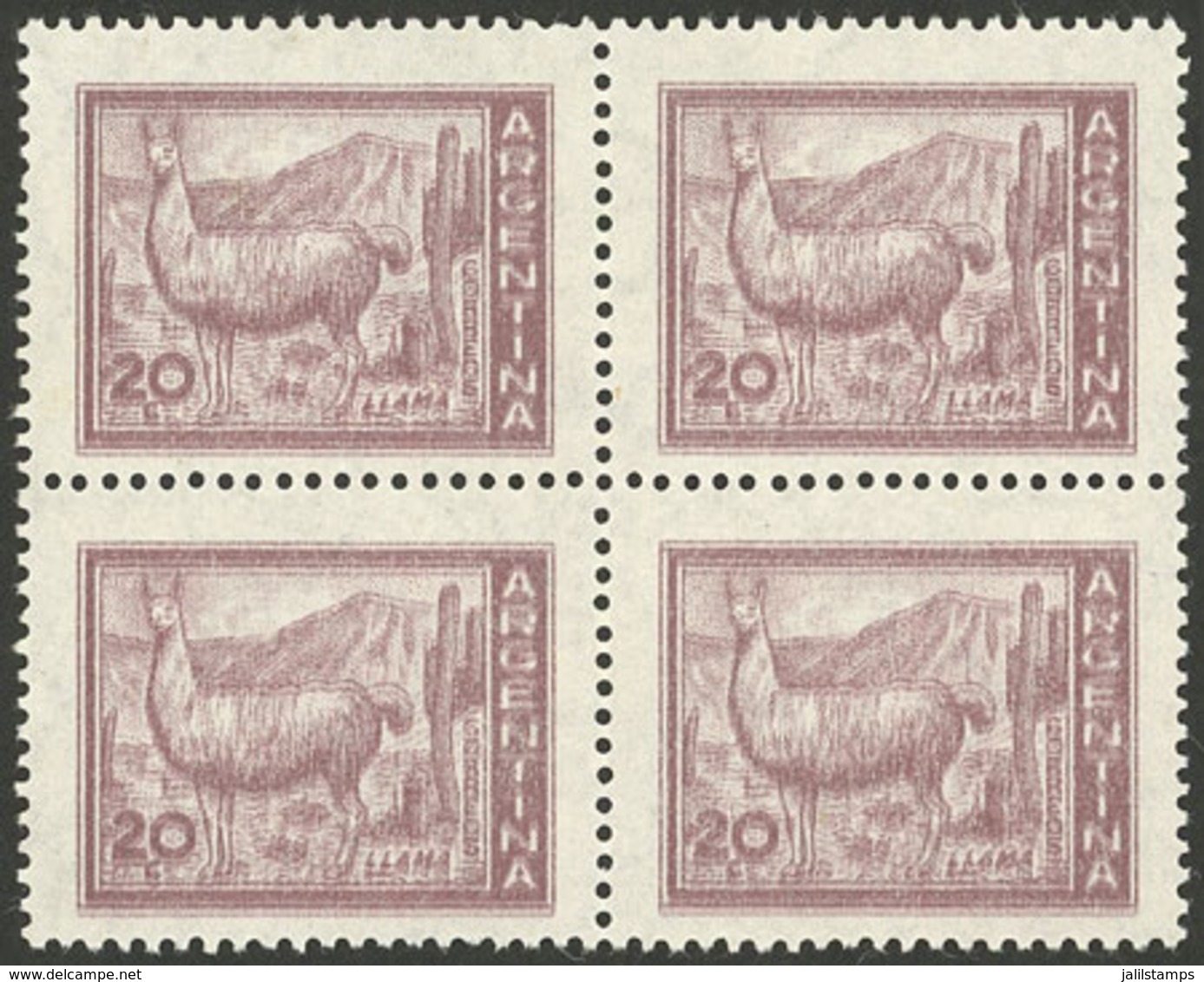 ARGENTINA: GJ.1124a, 20c. Llama, Block Of 4 With DOUBLE IMPRESSION, VF Quality! - Neufs