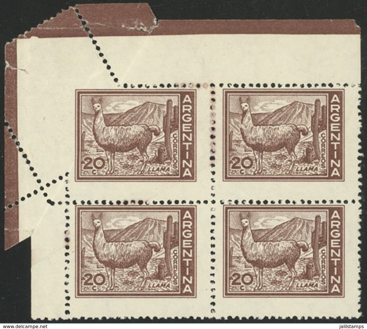 ARGENTINA: GJ.1124, 20c. Llama, Corner Block Of 4 With Attractive MISPERFORATION Var., Fantastic! - Unused Stamps