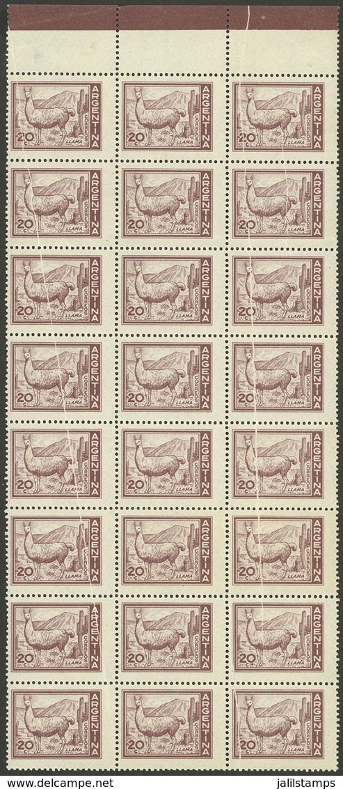 ARGENTINA: GJ.1124CA, 20c. Llama, Large Block Of 24 With Many PAPER FOLDS, Excellent! - Ungebraucht