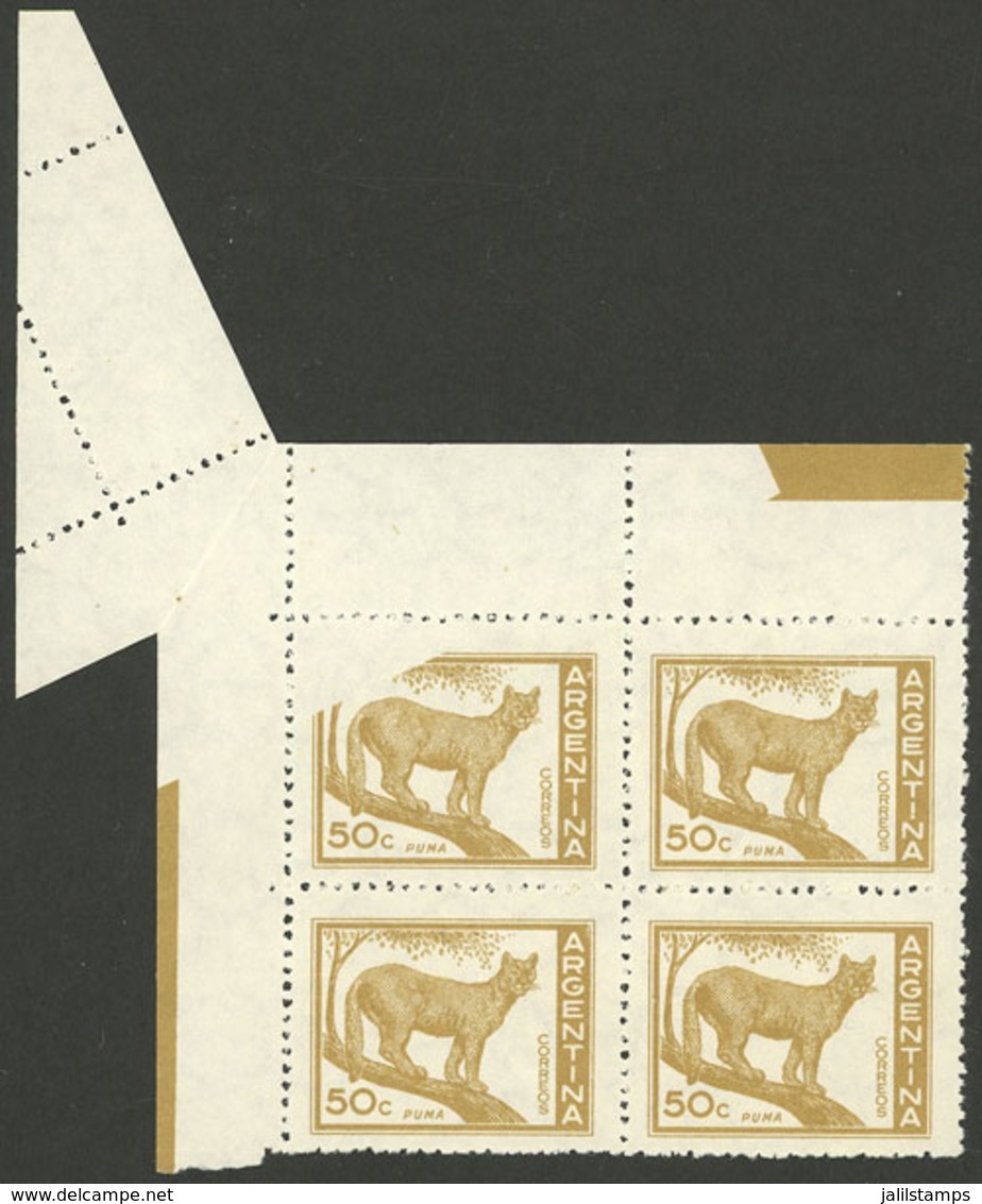 ARGENTINA: GJ.1125, 50c. Puma, Block Of 4 With Attractive Variety: "One Stamp Partially Unprinted Due To Foldover", VF!" - Ungebraucht