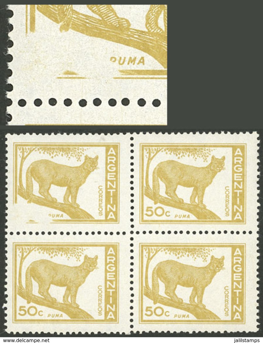 ARGENTINA: GJ.1125B, 50c. Puma Printed On Glazed Paper, Block Of 4, One With Notable UNPRINTED Area In One Corner, VF! - Unused Stamps