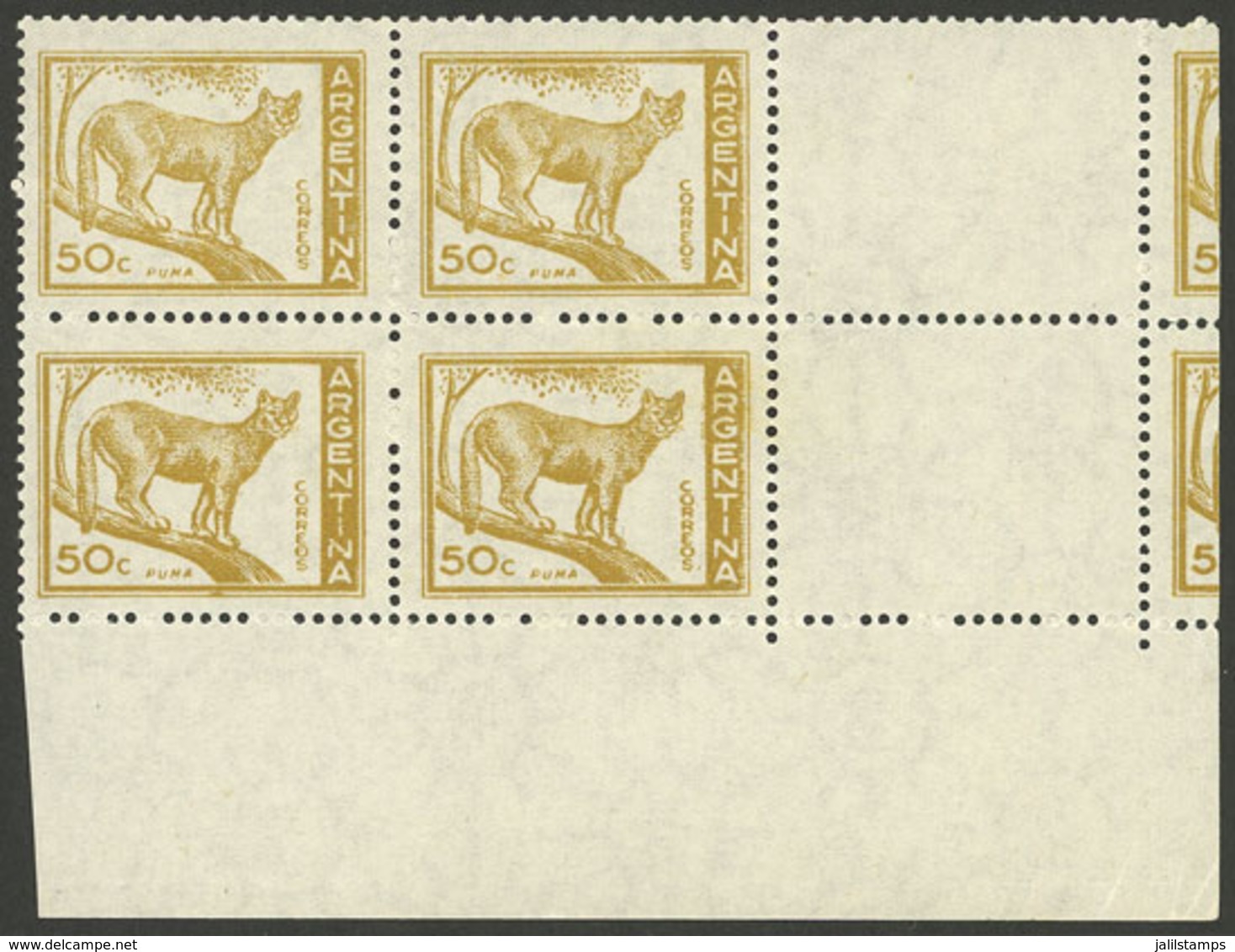 ARGENTINA: GJ.1125CD, 50c. Puma Typographed, Block Of 4 WITH RIGHT LABELS, MNH, Not Catalogued, Extremely Rare! - Unused Stamps