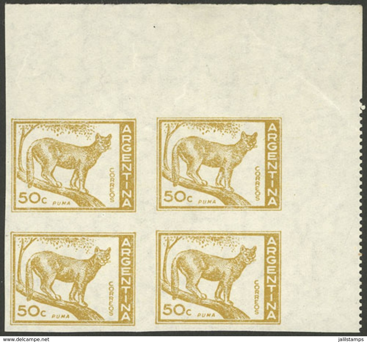 ARGENTINA: GJ.1126P, 50c. Puma Typographed, Extremely Rare IMPERFORATE BLOCK OF 4, MNH, Superb And Very Scarce! - Neufs