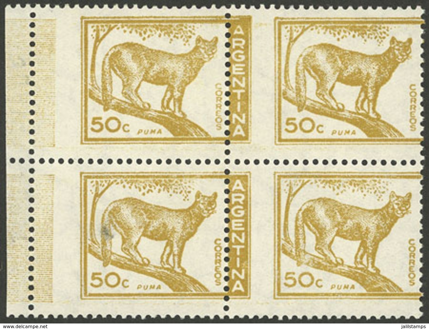 ARGENTINA: GJ.1126, 50c. Puma Typographed, Block Of 4 With VERY SHIFTED PERFORATION: The Left Stamps Without "ARGENTINA" - Ungebraucht