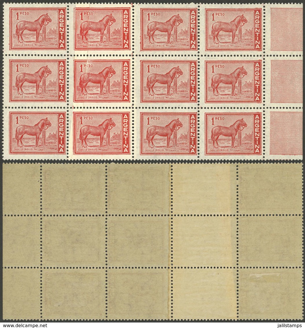 ARGENTINA: GJ.1127, 1P. Horse, Block Of 12 With End-of-roll Double Paper, Excellent Quality! - Neufs