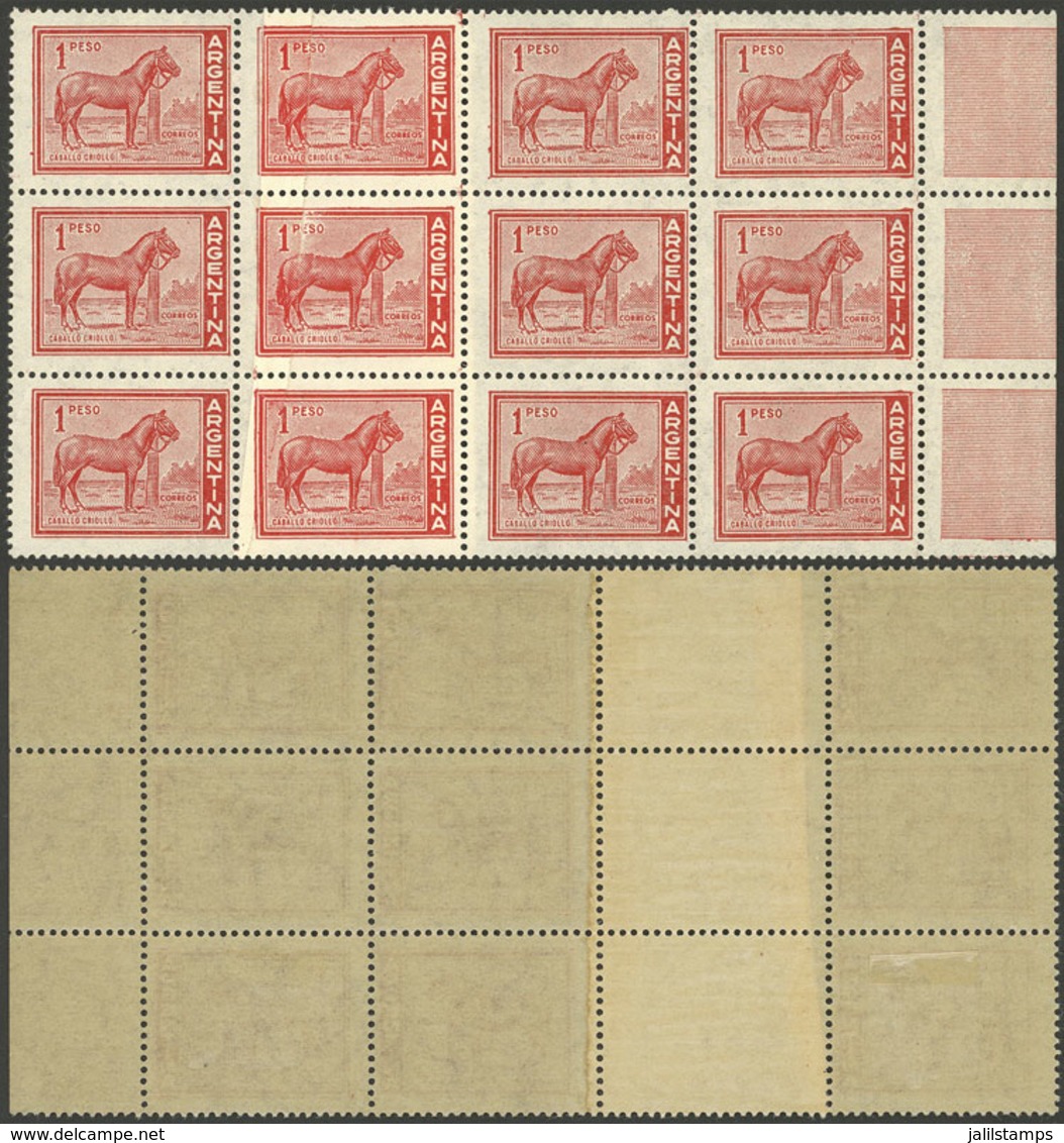 ARGENTINA: GJ.1127, 1P. Horse, Block Of 12 With End-of-roll Double Paper, Excellent Quality! - Unused Stamps