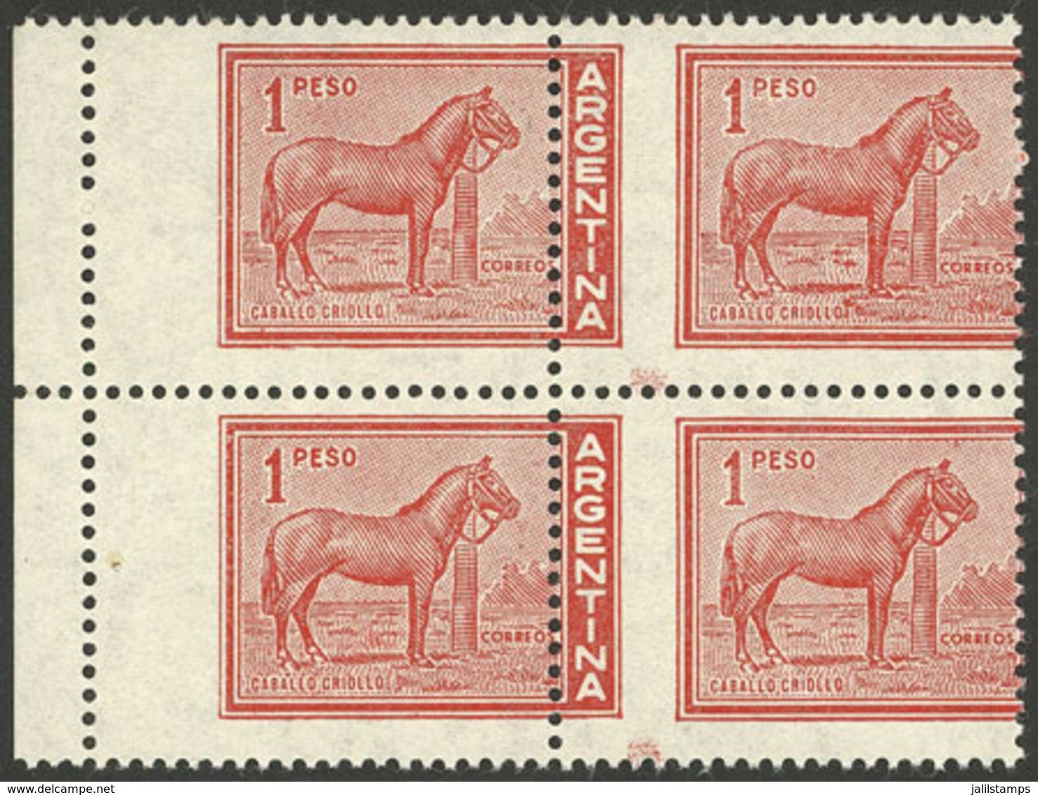 ARGENTINA: GJ.1127, 1P. Horse, Block Of 4 With VERY SHIFTED PERFORATION, The Left Stamps Without "ARGENTINA", Excellent! - Unused Stamps