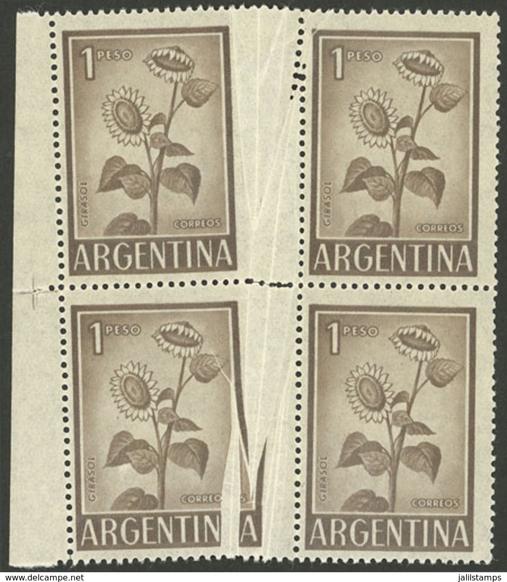 ARGENTINA: GJ.1128, 1P. Sunflower On National Unsurfaced Paper, Block Of 4 With Large FOLD, The Left Stamps Are Much Wid - Ungebraucht