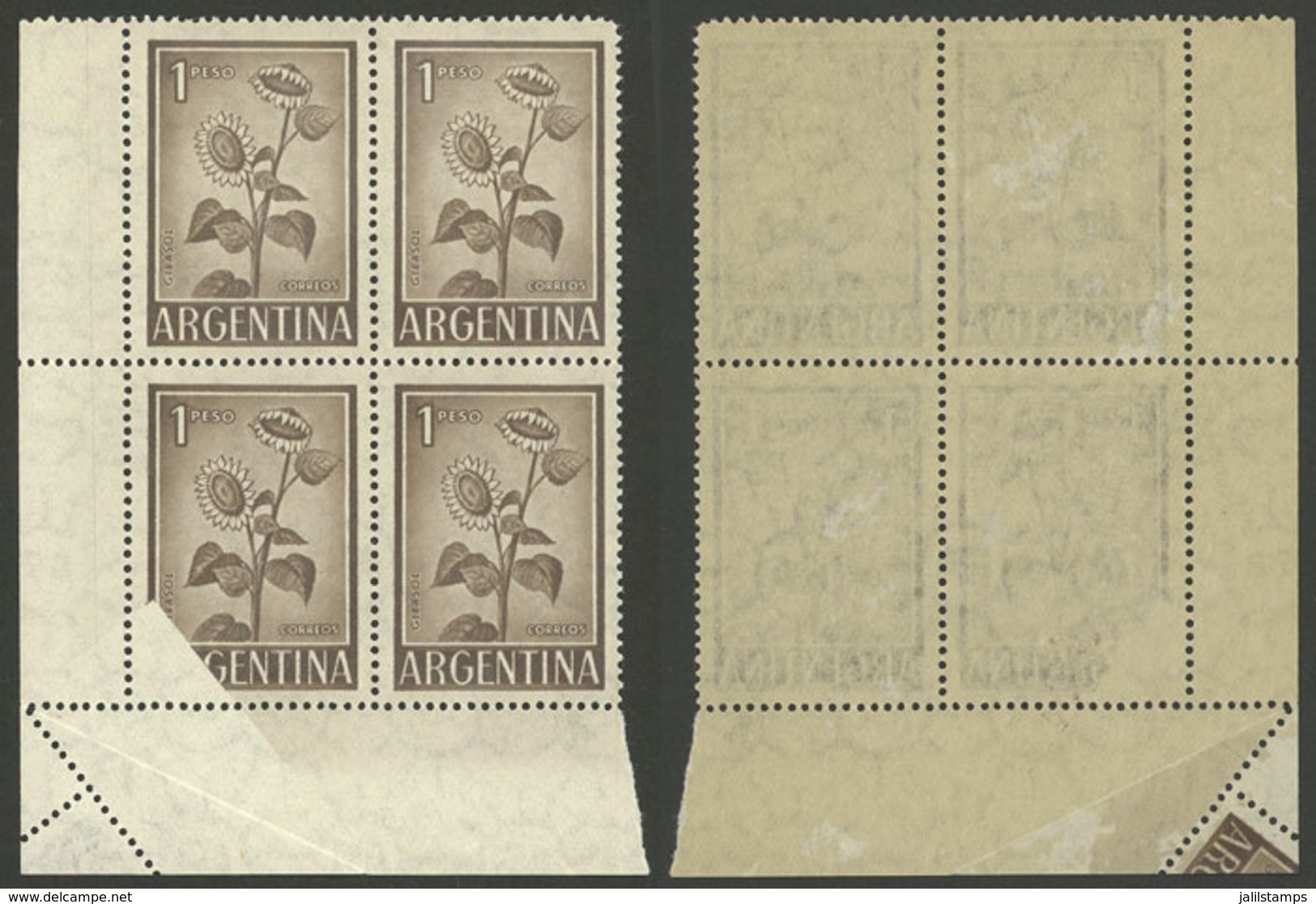 ARGENTINA: GJ.1128, 1P. Sunflower On National Unsurfaced Paper, Corner Block Of 4 With Attractive Printing And Perforati - Ungebraucht
