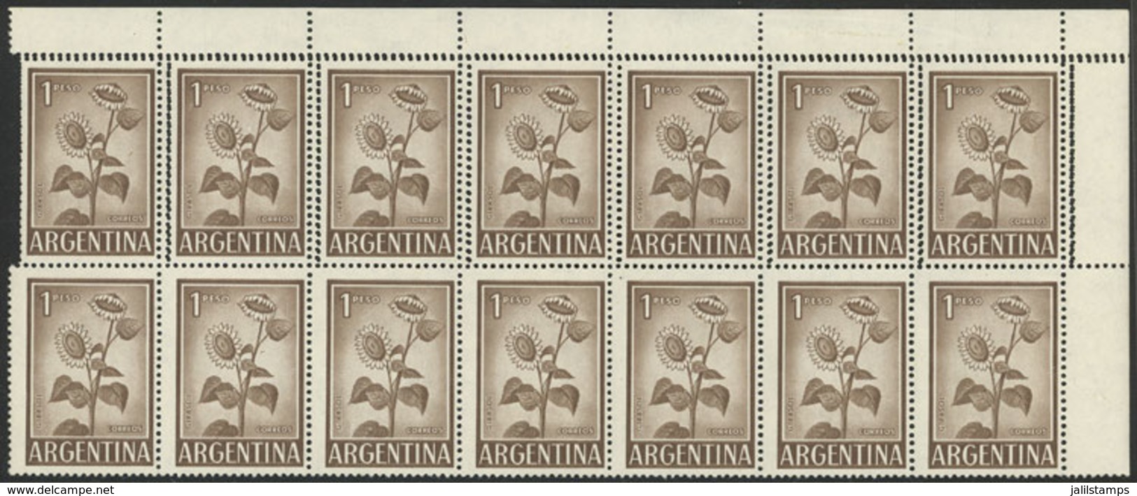 ARGENTINA: GJ.1128, 1P. Sunflower On National Unsurfaced Paper, Block Of 14 With Sheet Corner, The Top Stamps With TRIPL - Ungebraucht