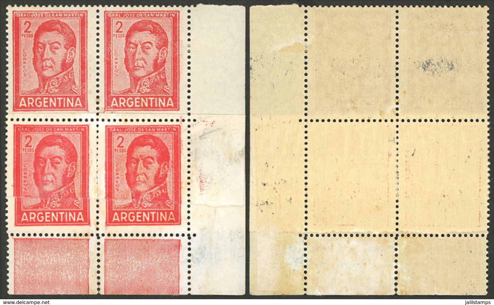 ARGENTINA: GJ.1132, 2P. San Martín Typographed (large Size), Block Of 4 With Spectacular END-OF-ROLL DOUBLE PAPER, VF! - Unused Stamps