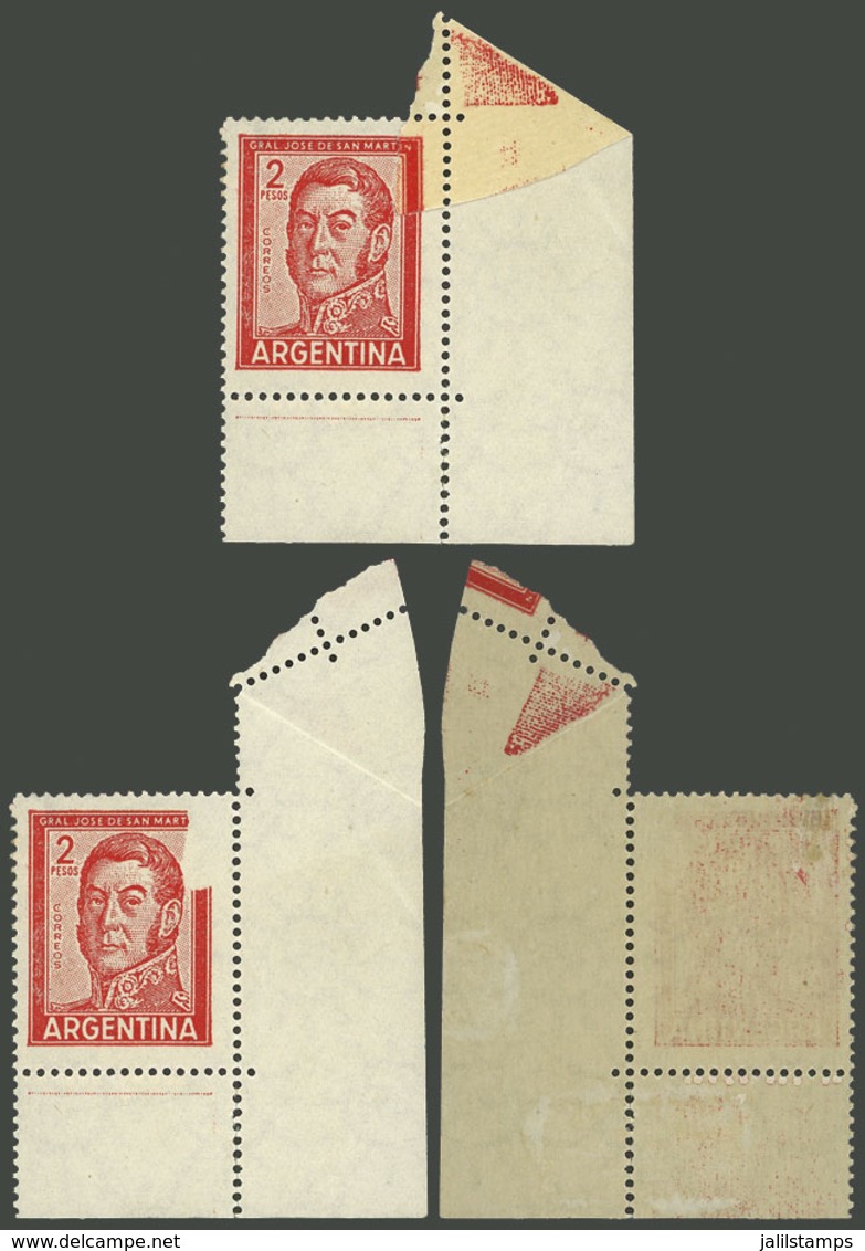 ARGENTINA: GJ.1133, 2P. San Martín, Corner Single With Attractive Variety: Partially Unprinted Due To Foldover, That Par - Unused Stamps