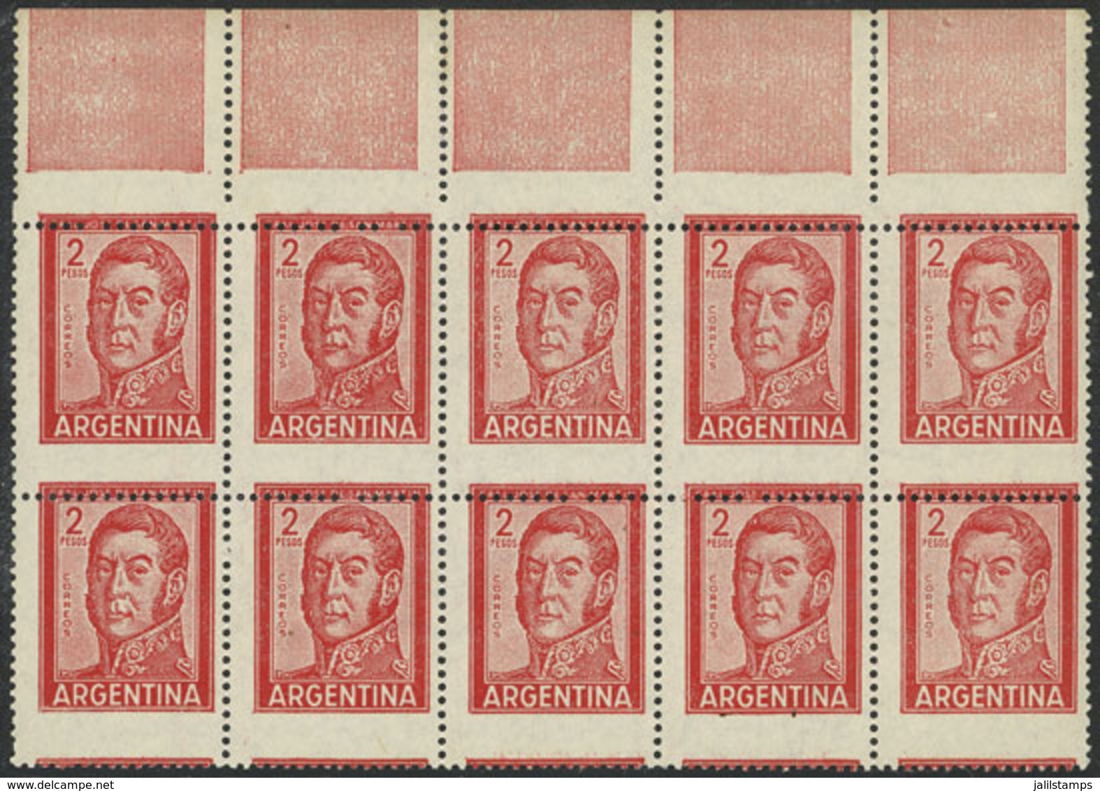 ARGENTINA: GJ.1133, 2P. San Martín, Block Of 10 With SHIFTED PERFORATION, Very Nice! - Unused Stamps
