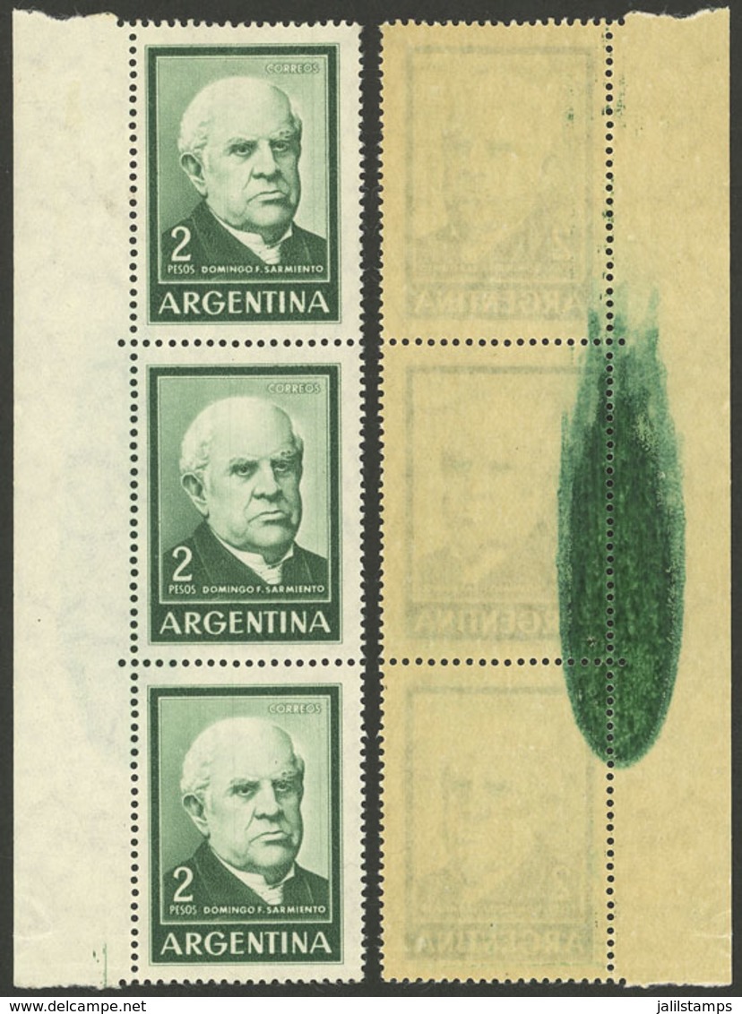 ARGENTINA: GJ.1135, 2P. Sarmiento On Unsurfaced Paper, Strip Of 3 With Large Ink Smear On Back, VF And Rare! - Unused Stamps