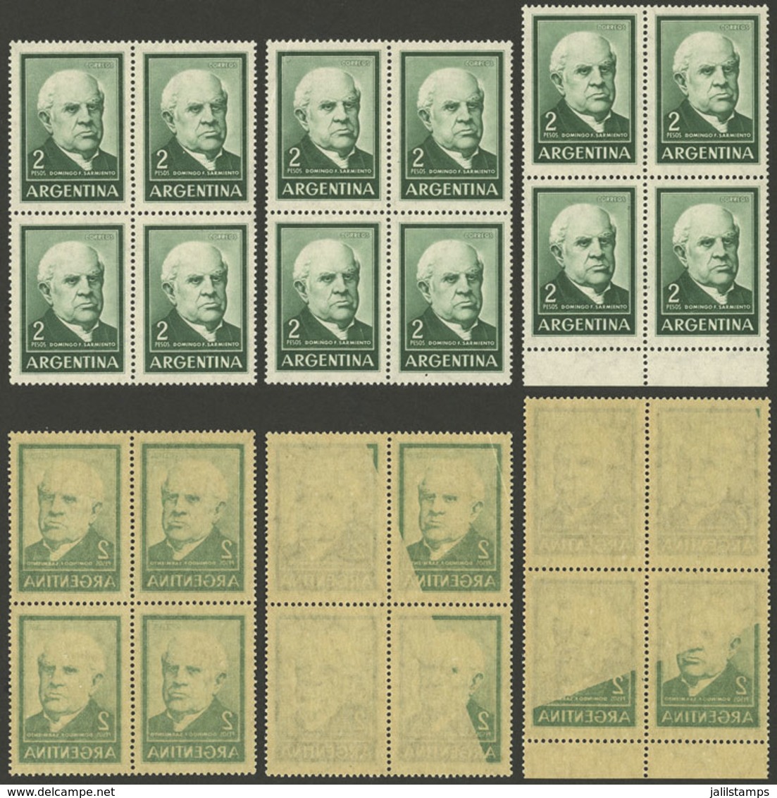 ARGENTINA: GJ.1135, 2P. Sarmiento On Unsurfaced Paper, Block Of 4 With OFFSET IMPRESSION On Back + Other 2 With Partial  - Unused Stamps