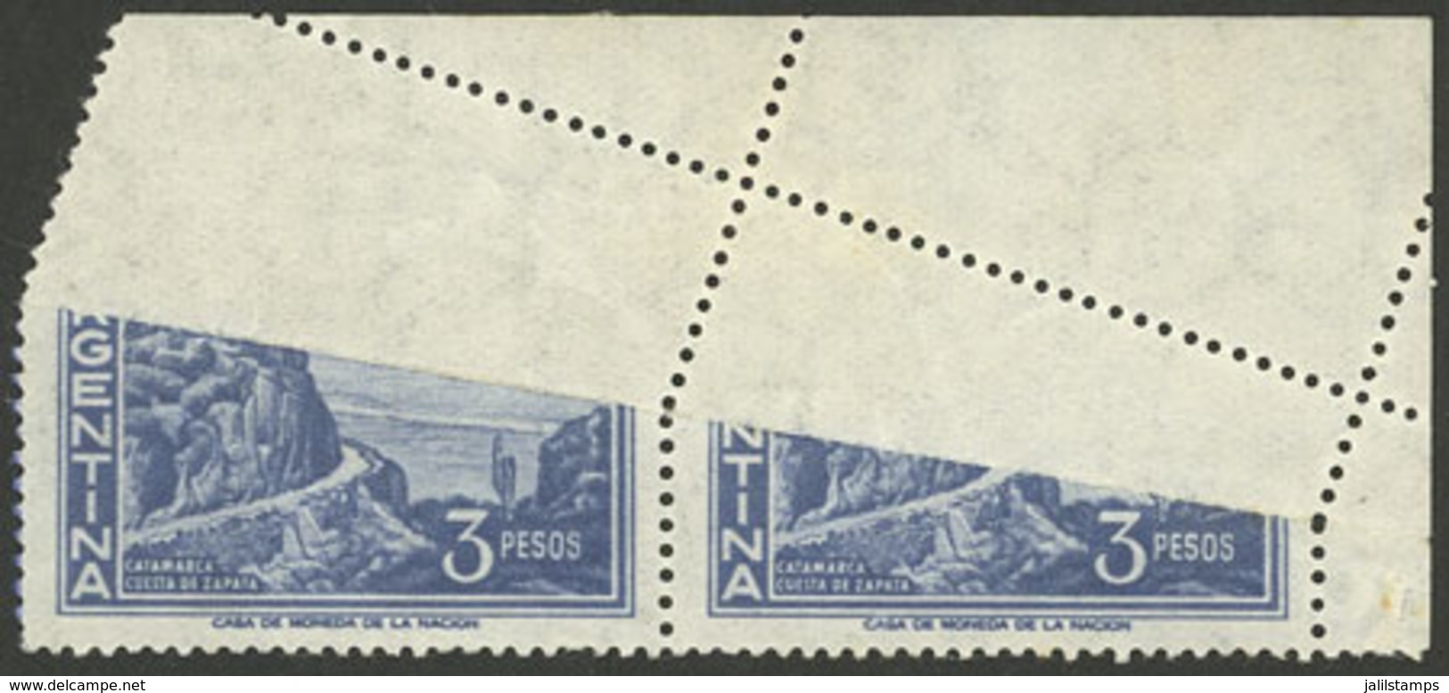 ARGENTINA: GJ.1137, 3P. Zapata Slope, Pair With With Large Unprinted Area And Very Irregular Perforation, Fantastic And  - Unused Stamps