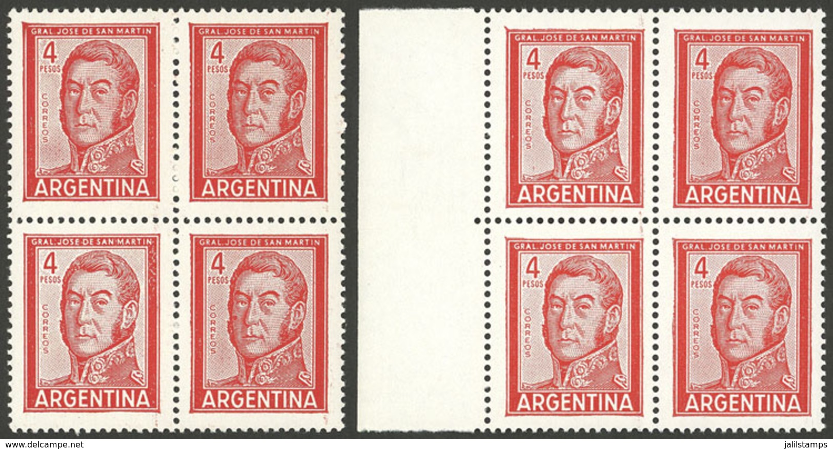 ARGENTINA: GJ.1139A, Blocks Of 4 Printed On FF Paper (fluorescent On Both Sides) And NN Paper (UV Neutral On Both Sides) - Neufs