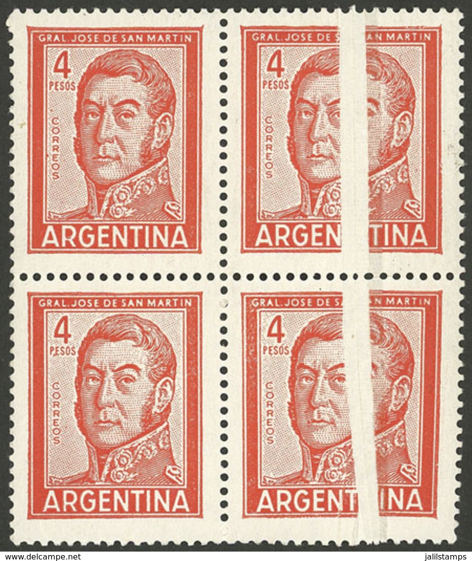 ARGENTINA: GJ.1139A, Block Of 4, The Right Stamps With LARGE PAPER FOLD, Splendid! - Neufs