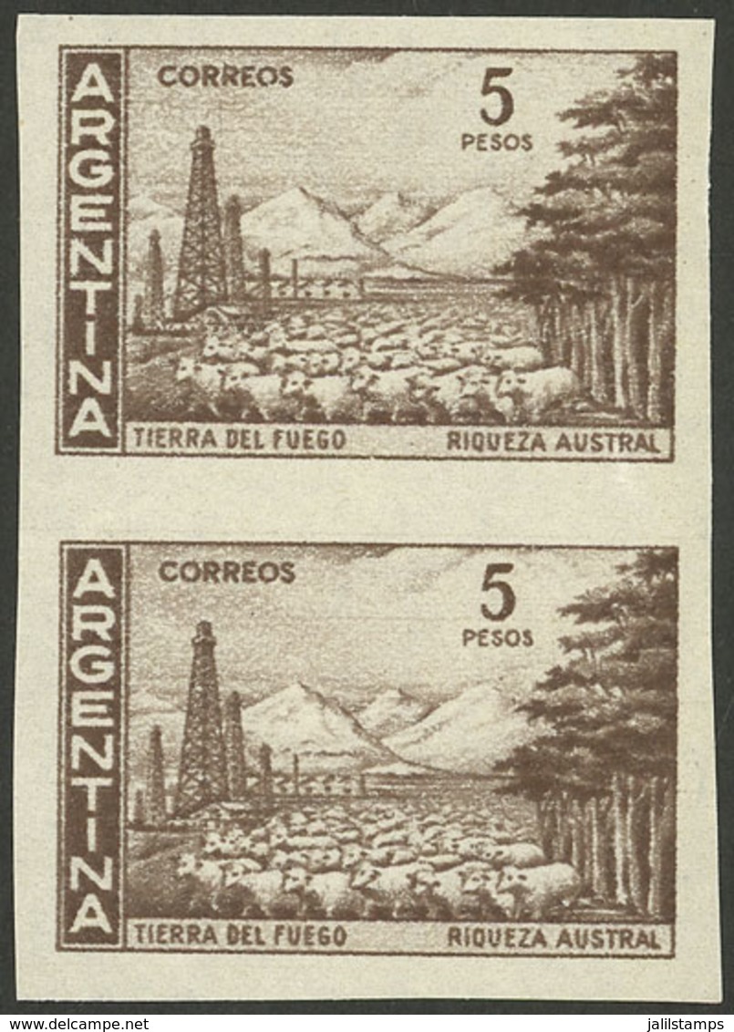 ARGENTINA: GJ.1140, 5P. Souther Riches On National Unsurfaced Paper, IMPERFORATE PAIR Of Very Fine Quality! - Unused Stamps