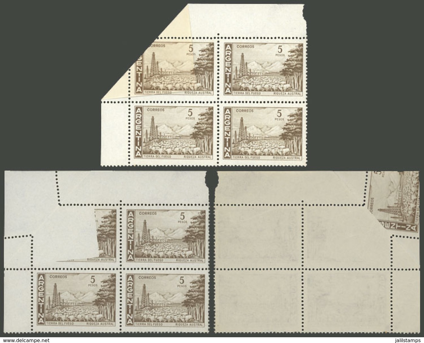 ARGENTINA: GJ.1140A, 5P. Southern Riches On Glazed Paper, Corner Block Of 4, One Stamp Partially Unprinted Due To Foldov - Neufs
