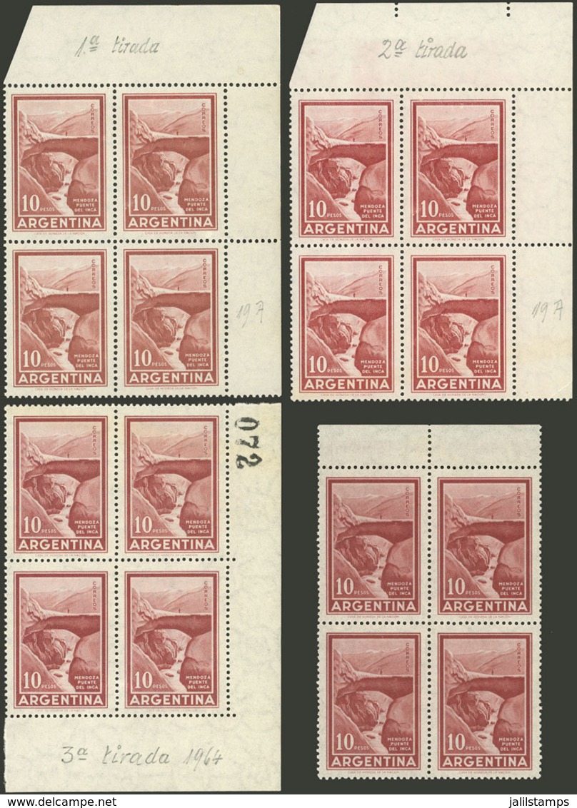 ARGENTINA: GJ.1142, 10P. Incan Bridge On National Unsurfaced Paper, 3 Blocks Of 4 Printed On 1st, 2nd And 3rd Printing + - Ungebraucht