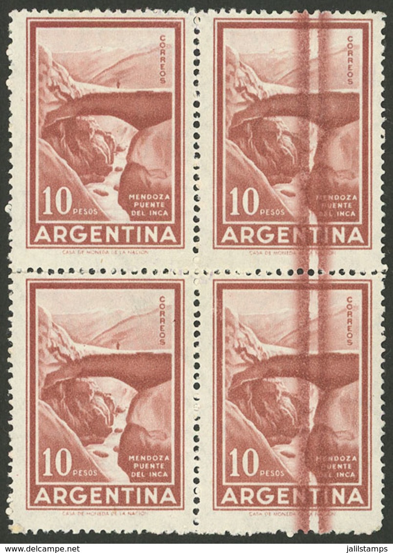 ARGENTINA: GJ.1142, 10P. Incan Bridge, Block Of 4, The Right Stamps With Notable Vertical Color Lines, VF! - Neufs