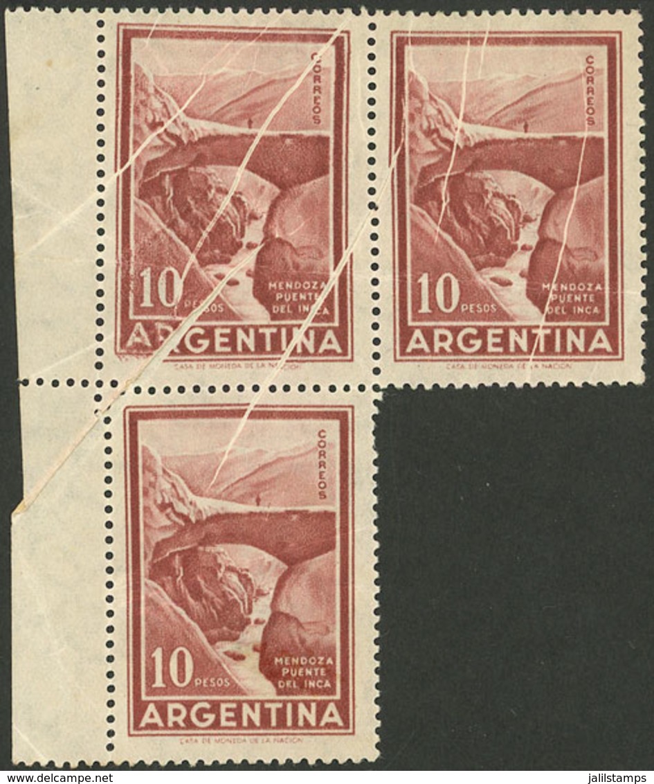 ARGENTINA: GJ.1142, Block Of 3 With Many Paper FOLDS, Very Attractive! - Unused Stamps