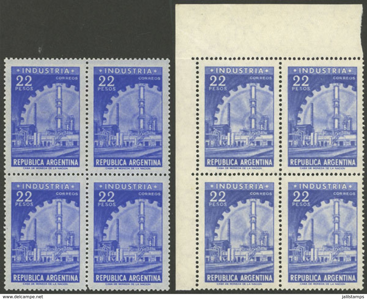 ARGENTINA: GJ.1146, 22P. Industry, 2 Blocks Of 4 On Normal And BLUISH Paper, VF Quality! - Neufs