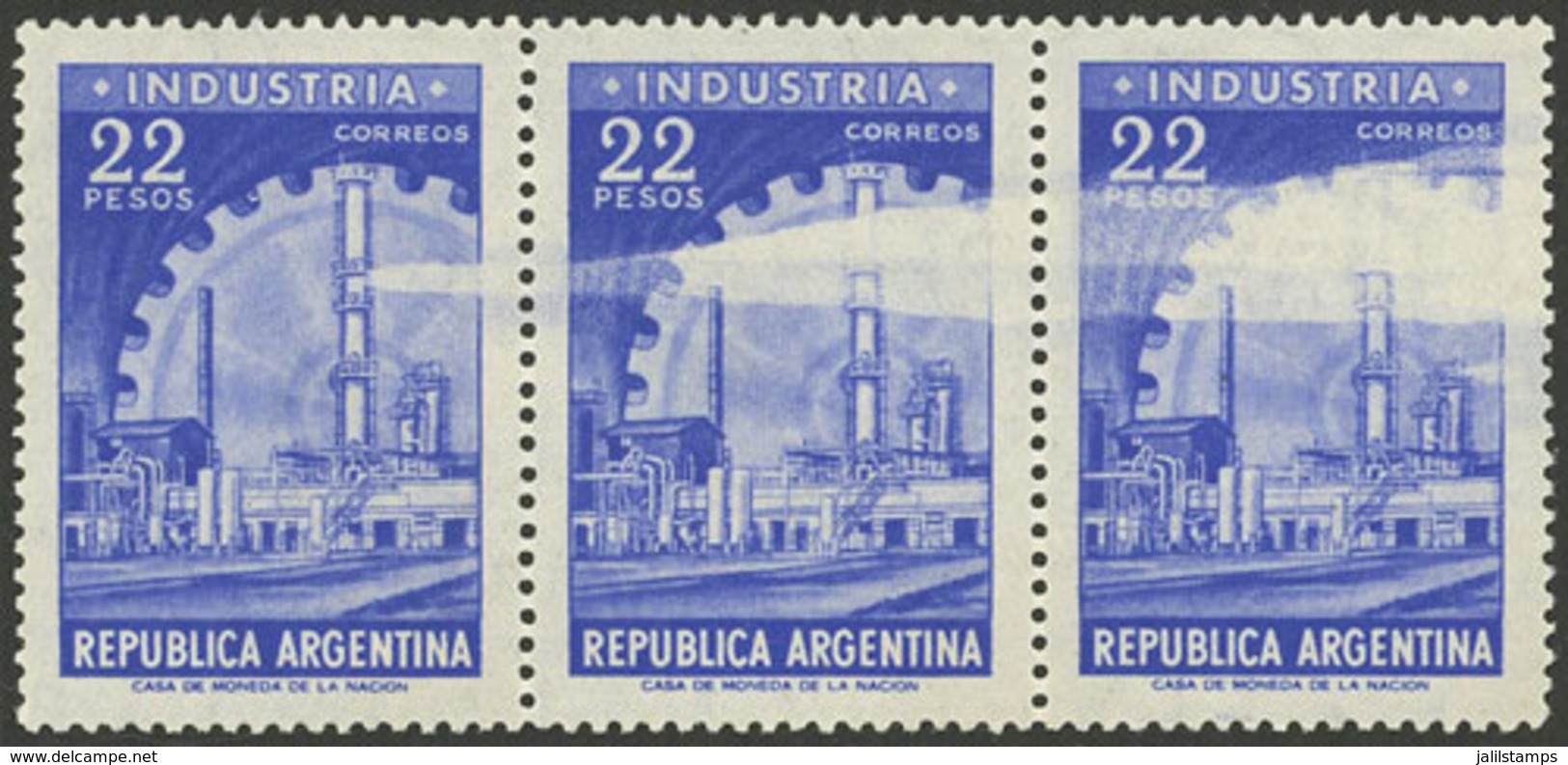 ARGENTINA: GJ.1146, 22P. Industry In Photogravure, Strip Of 3 With Large White Spot Due To Lack Of Ink During The Printi - Unused Stamps