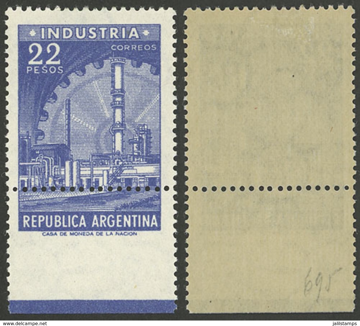 ARGENTINA: GJ.1147, 22P. Industry In Offset, The Bottom Perforation With Strong Upward Shift, VF! - Unused Stamps