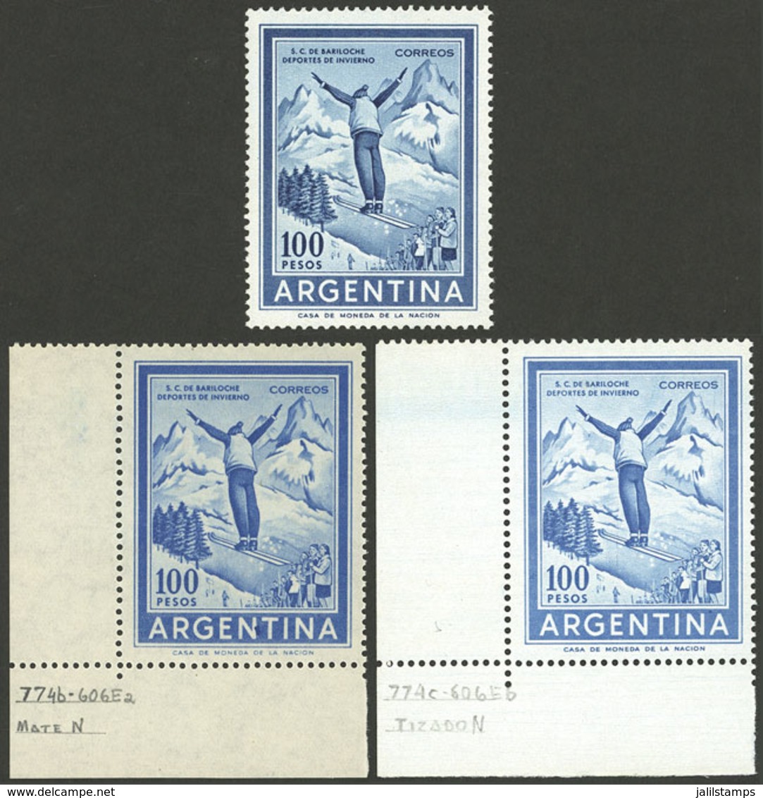 ARGENTINA: GJ.1148 + 1148A + 1148B, 100P. Skier, On The 3 Known Papers: Imported Chalky, National Unsurfaced And Nationa - Unused Stamps