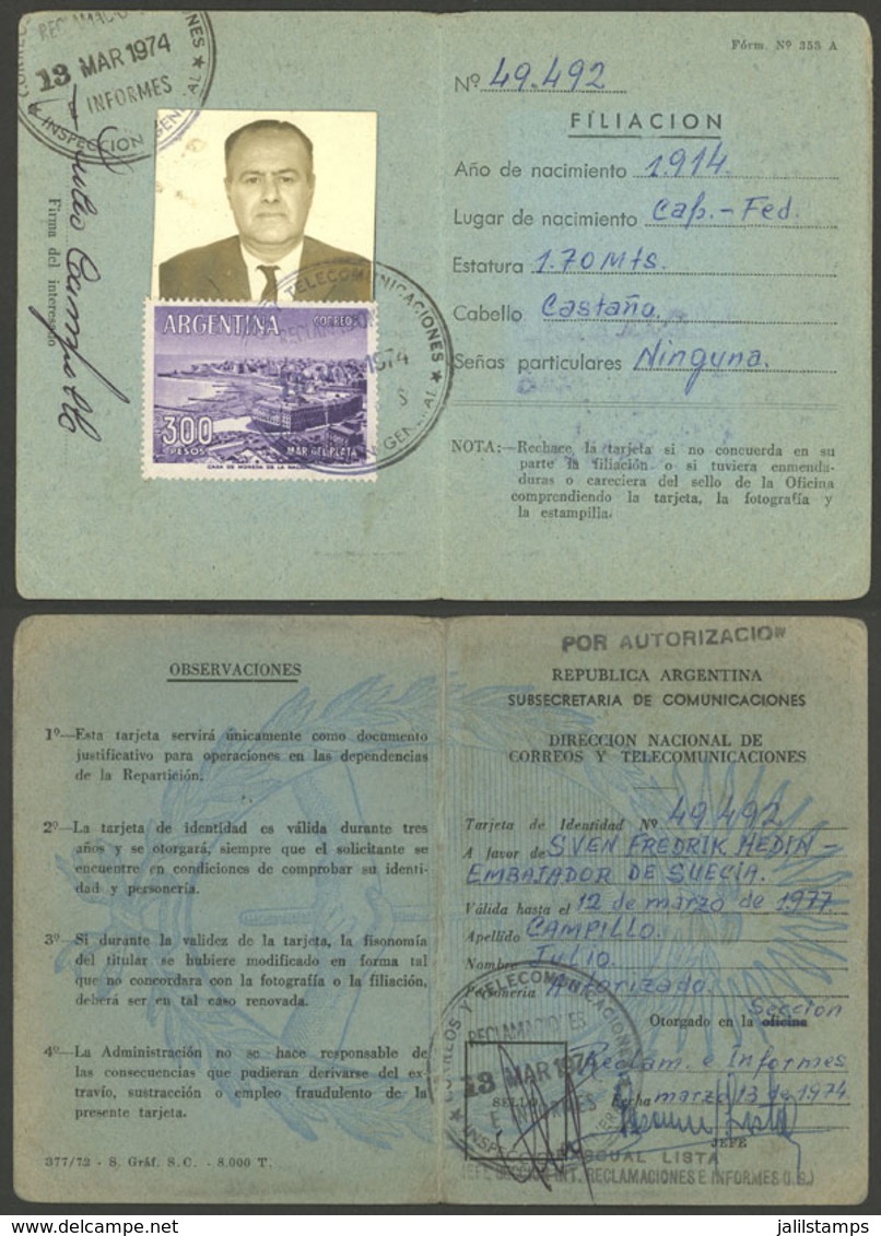 ARGENTINA: GJ.1149B, 300P. Mar Del Plata (hotel, Casino, Beach) In One Of Its Rarest Uses: Paying The Rate Of An ID CARD - Nuevos