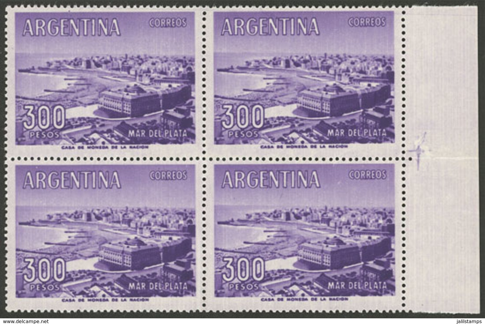 ARGENTINA: GJ.1149BSG, 300P. Mar Del Plata (hotel, Casino, Beach), Block Of 4 PRINTED ON GUM, Extremely Rare, Excellent  - Unused Stamps