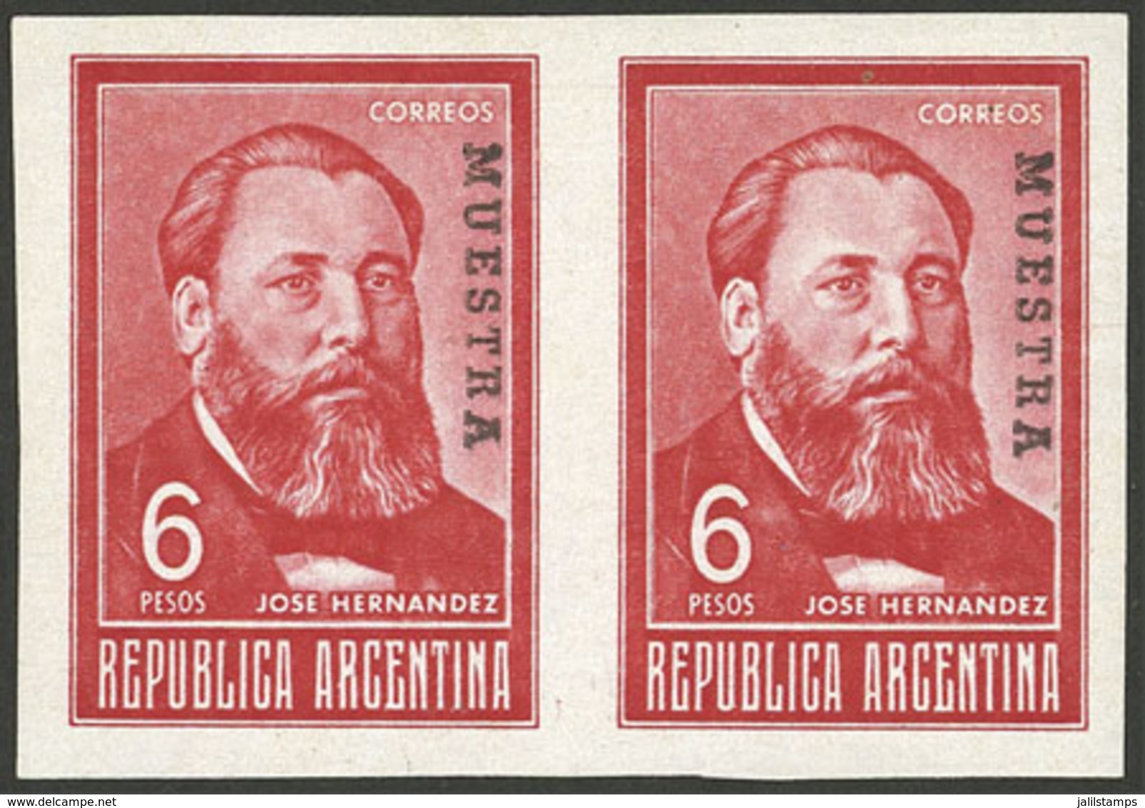 ARGENTINA: GJ.1304P, 6P. José Hernández In IMPERFORATE PAIR With MUESTRA Ovpt., VF! - Unused Stamps