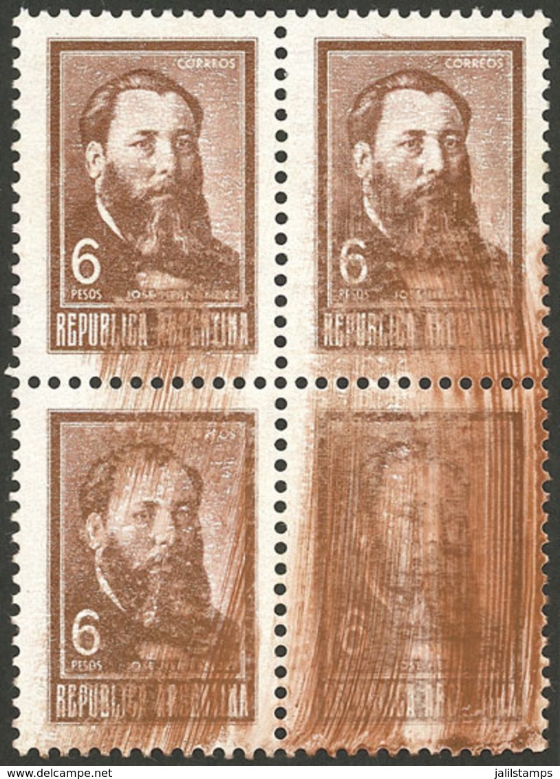 ARGENTINA: GJ.1305, 6P. José Hernández, Block Of 4 With VERY DIRTY PLATE Variety (one Stamp Virtually Illegible), VF! - Neufs