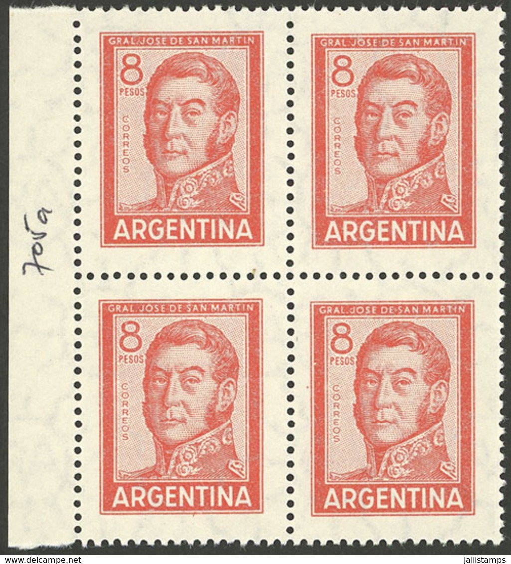 ARGENTINA: GJ.1306Aa, 8P. San Martín, Block Of 4 Printed On HARD IMPORTED UNSURFACED Paper, Excellent! - Unused Stamps