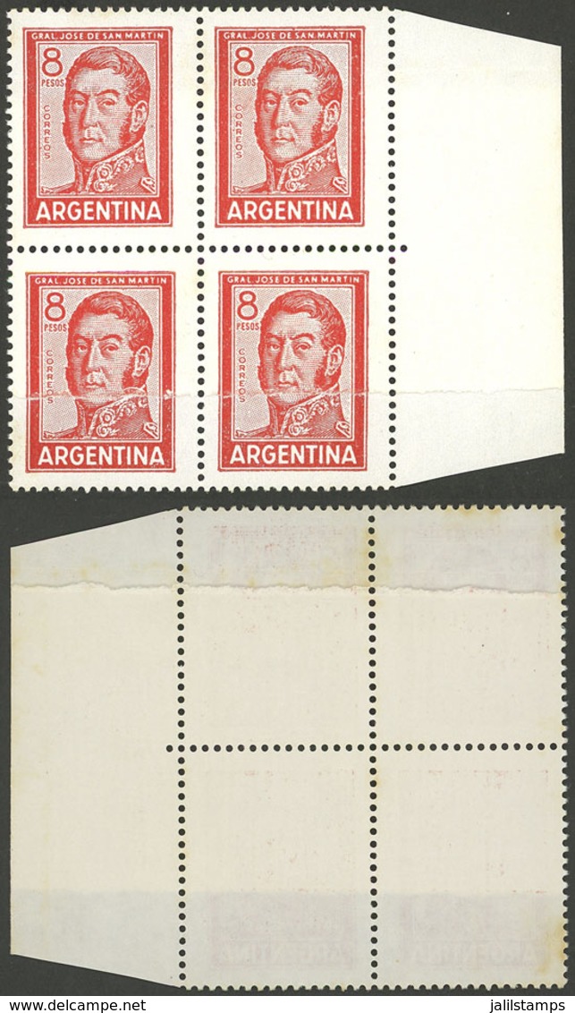 ARGENTINA: GJ.1307, 8P. San Martin Typographed, Printed On Chalky Paper, Block Of 4 With End-of-roll Double Paper Var.,  - Neufs