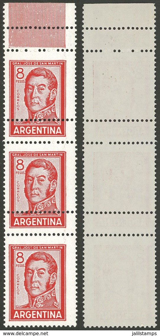 ARGENTINA: GJ.1307, 8P. San Martin Typographed, Strip Of 3 With DOUBLE Horizontal Perforation, Fantastic! - Unused Stamps