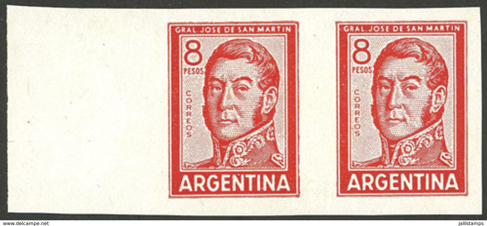 ARGENTINA: GJ.1307AP, 8P. San Martin Typographed, Rare IMPERFORATE PAIR Printed On Thick Paper Without Watermark, Only 1 - Neufs
