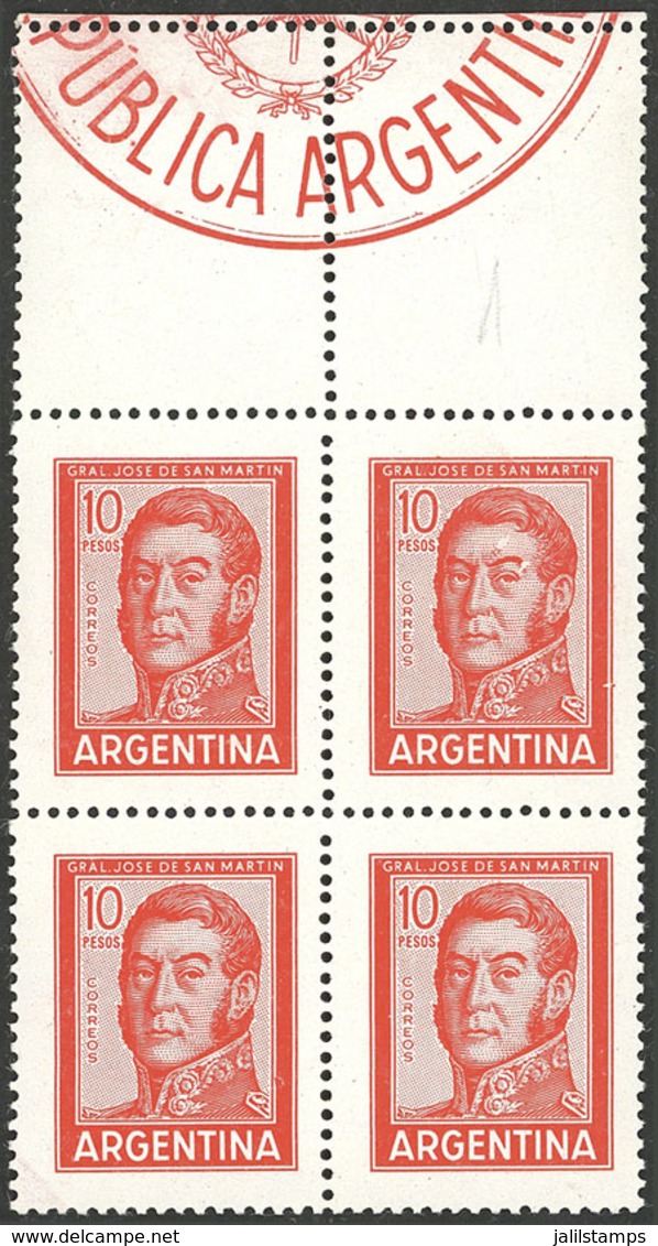 ARGENTINA: GJ.1308CA, 10P. San Martin In Offset, Block Of 4 WITH LABELS At Top, VF Quality! - Unused Stamps