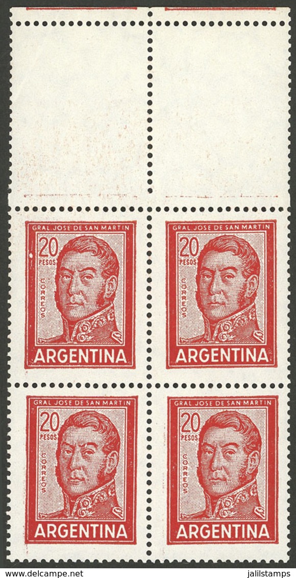 ARGENTINA: GJ.1310CA, 20P. San Martin, Block Of 4 With LABELS AT TOP, MNH, Extremely Rare! IMPORTANT: The Catalog Value  - Unused Stamps