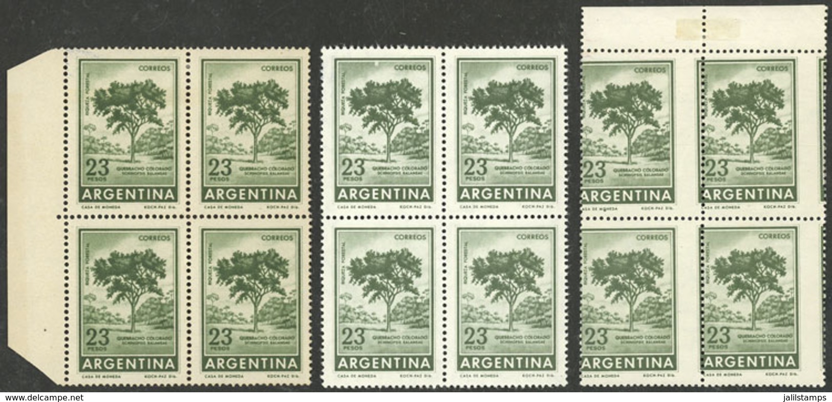ARGENTINA: GJ.1311 + 1311A + 1311B, 23P. Quebracho Tree, Blocks Of 4 In The 3 Papers: National Unsurfaced P., Imported U - Neufs