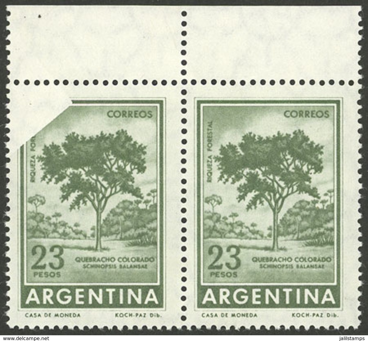 ARGENTINA: GJ.1311Aa, 23P. Quebracho Tree Printed On Hard Imported Unsurfaced Paper, Pair With Variety "One Stamp Partia - Neufs