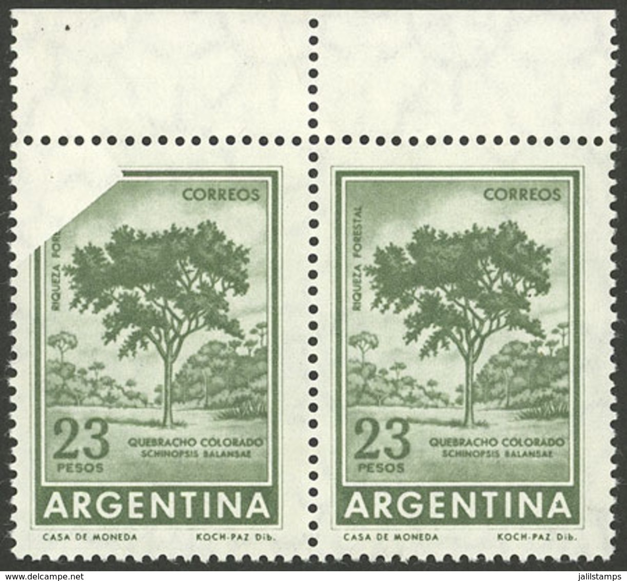 ARGENTINA: GJ.1311Aa, 23P. Quebracho Tree Printed On Hard Imported Unsurfaced Paper, Pair With Variety "One Stamp Partia - Unused Stamps