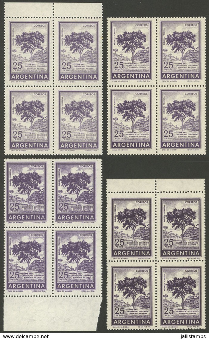 ARGENTINA: GJ.1313, 25P. Quebracho Tree, 4 Blocks Of 4 From VERY DIFFERENT PRINTINGS! - Unused Stamps