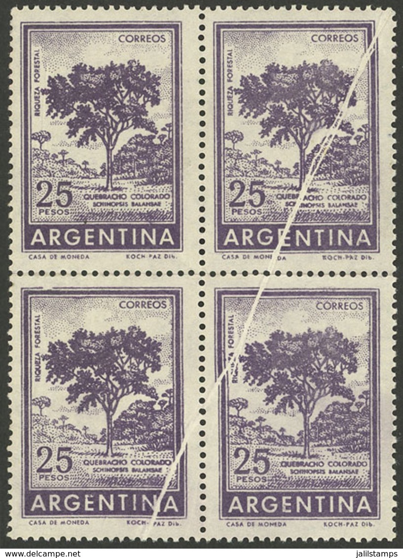 ARGENTINA: GJ.1313, 25P. Quebracho Tree In Offset, Block Of 4 With Notable DIAGONAL FOLD, Fantastic, VF Quality! - Unused Stamps