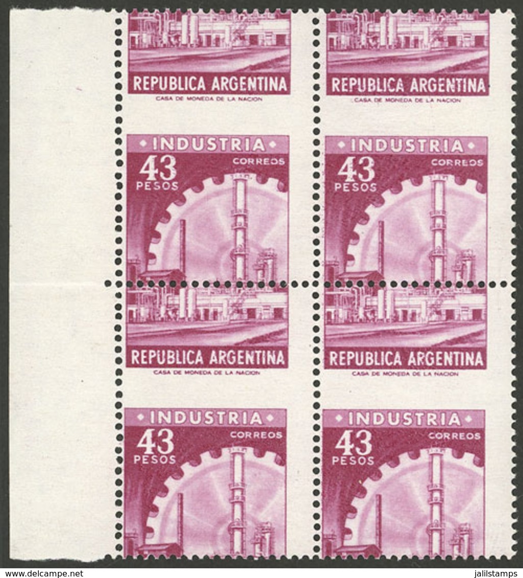 ARGENTINA: GJ.1314A, 43P. Industry On Chalky Paper, Block Of 4 With PERFORATION VERY SHIFTED Vertically (across The Midd - Unused Stamps